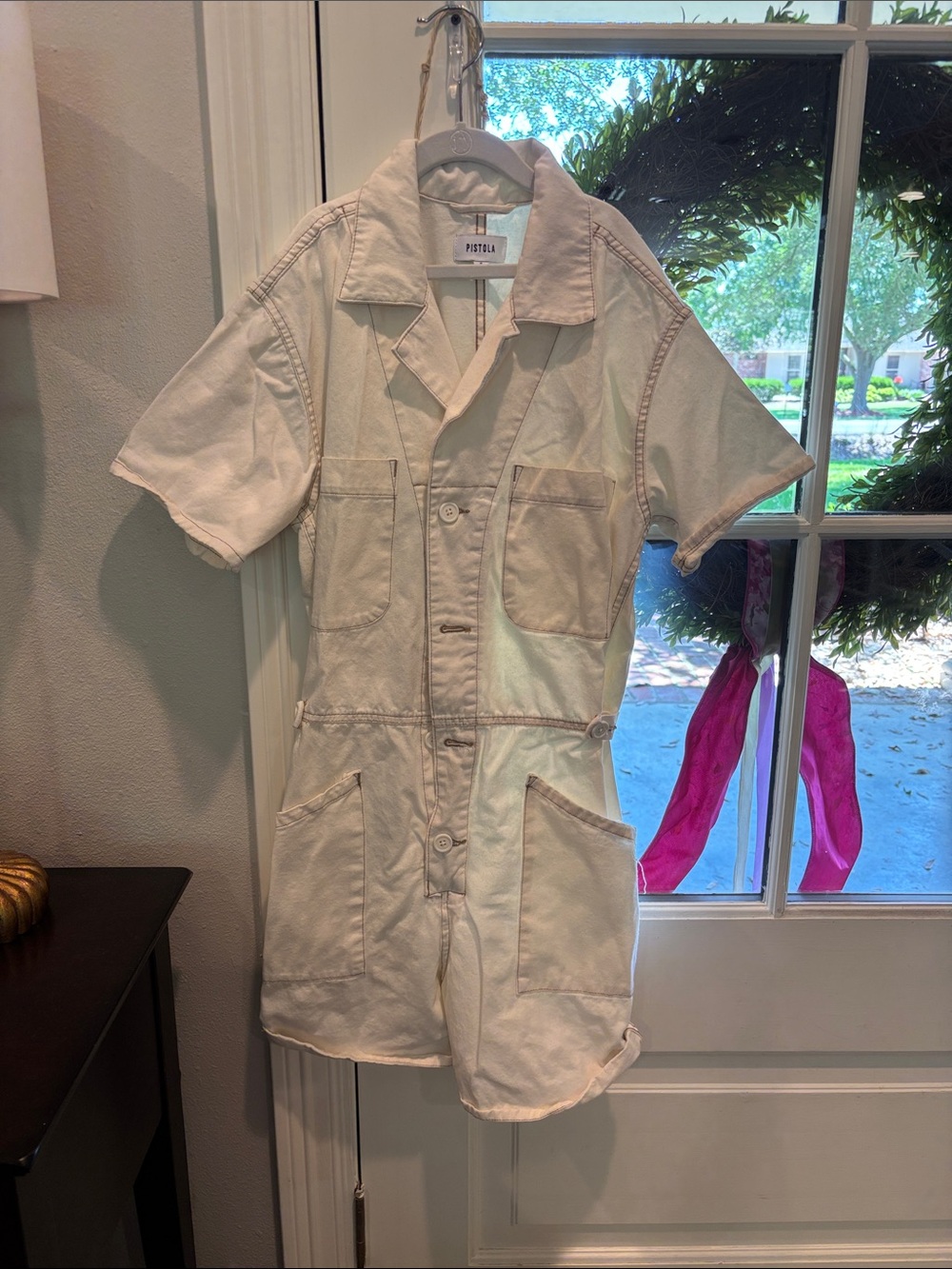 pistola Cream Short Sleeve Utility Jumpsuit